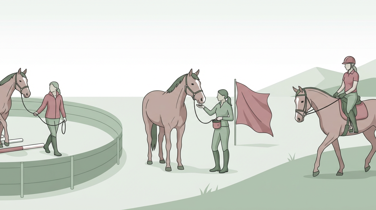 various horse training techniques depicted with handlers, poles, obstacle, treats, and a mounted rider.