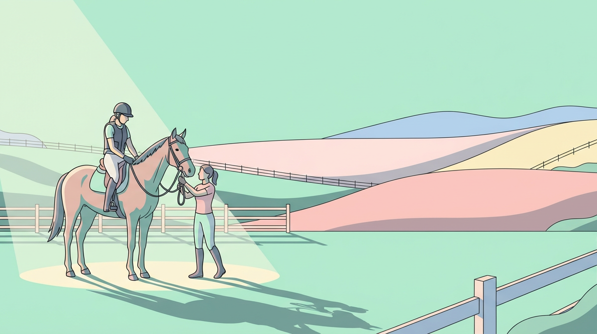 rider on horse with instructor adjusting bridle, demonstrating horse riding safety protocols in sunny field.