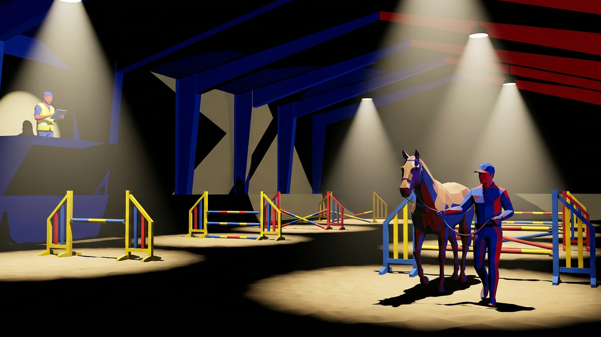 low poly man leading a horse past jumps during a horse training assessment in an arena.