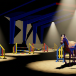 low poly man leading a horse past jumps during a horse training assessment in an arena.