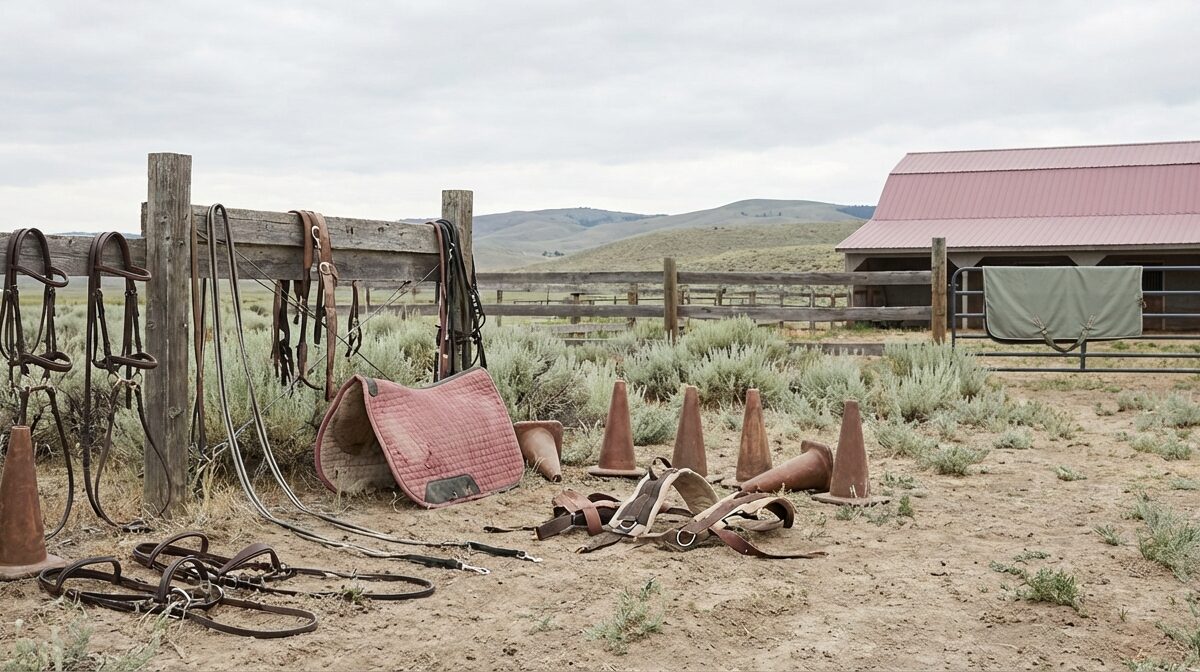 various horse training equipment, including bridles, saddle pads, and cones, on a dusty rural ground near a barn.