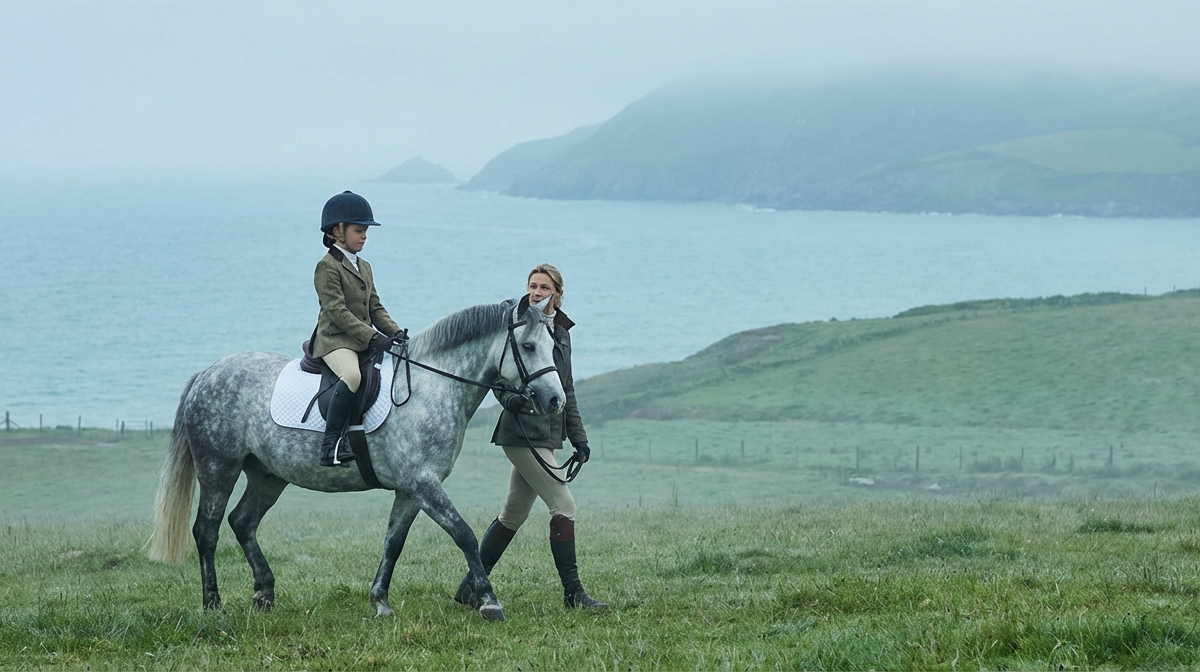 young girl on a horse with an instructor during her first riding lesson by the sea