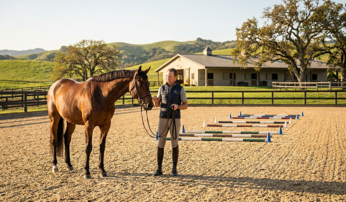 a rider and bay horse in an arena with ground poles for advanced horse training.