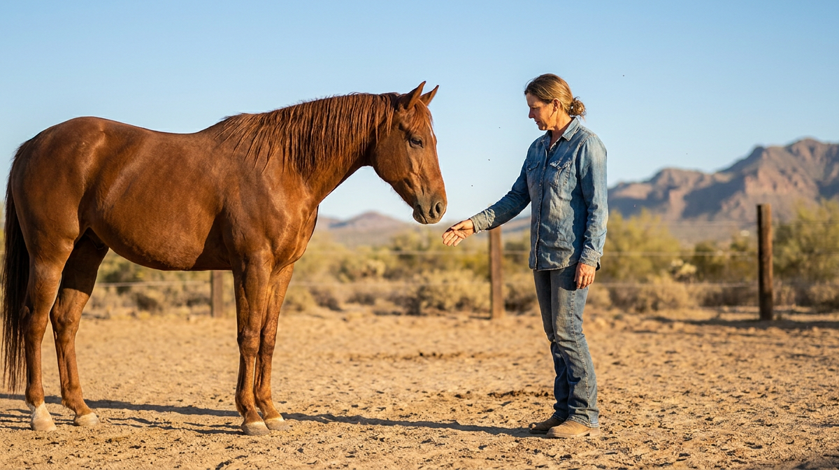 woman in denim shirt and jeans interacting with a bay horse, demonstrating positive horse boundaries in a dusty paddock.