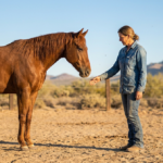woman in denim shirt and jeans interacting with a bay horse, demonstrating positive horse boundaries in a dusty paddock.