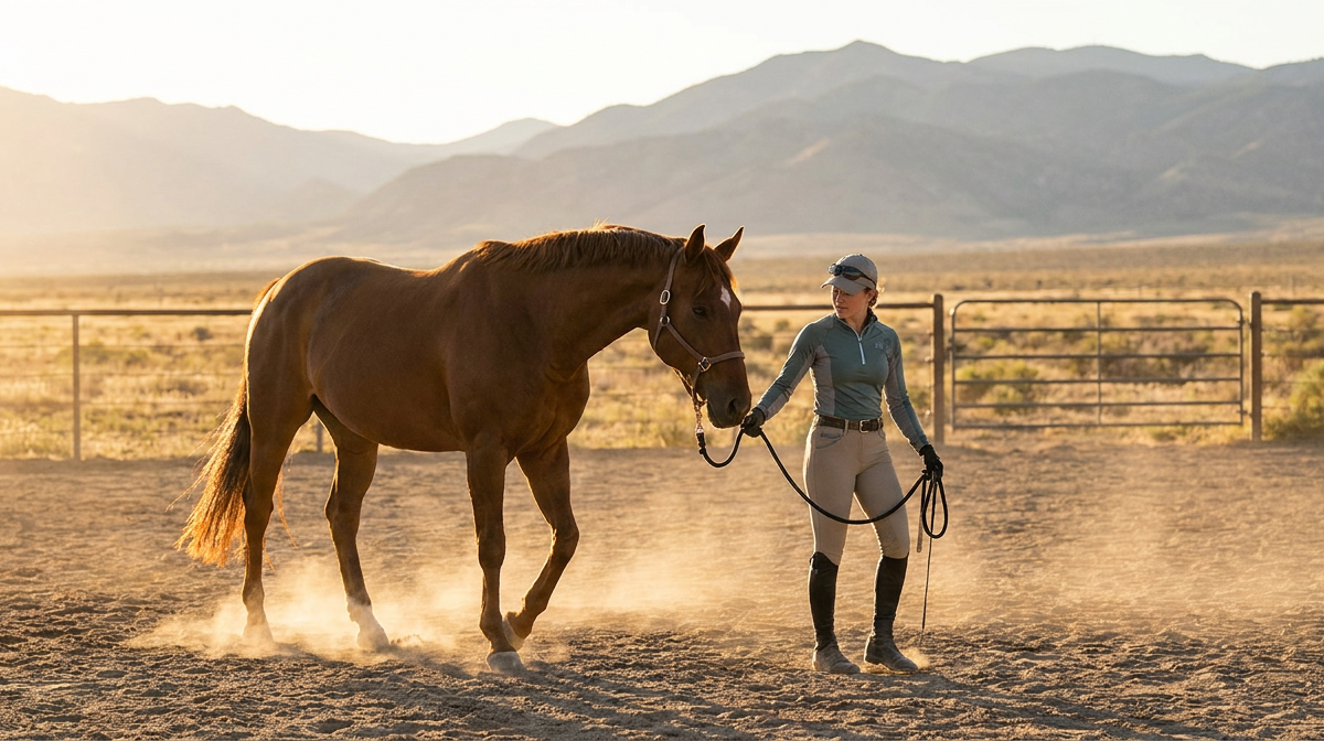 woman and brown horse performing horse ground work exercises in a dusty outdoor arena at sunset