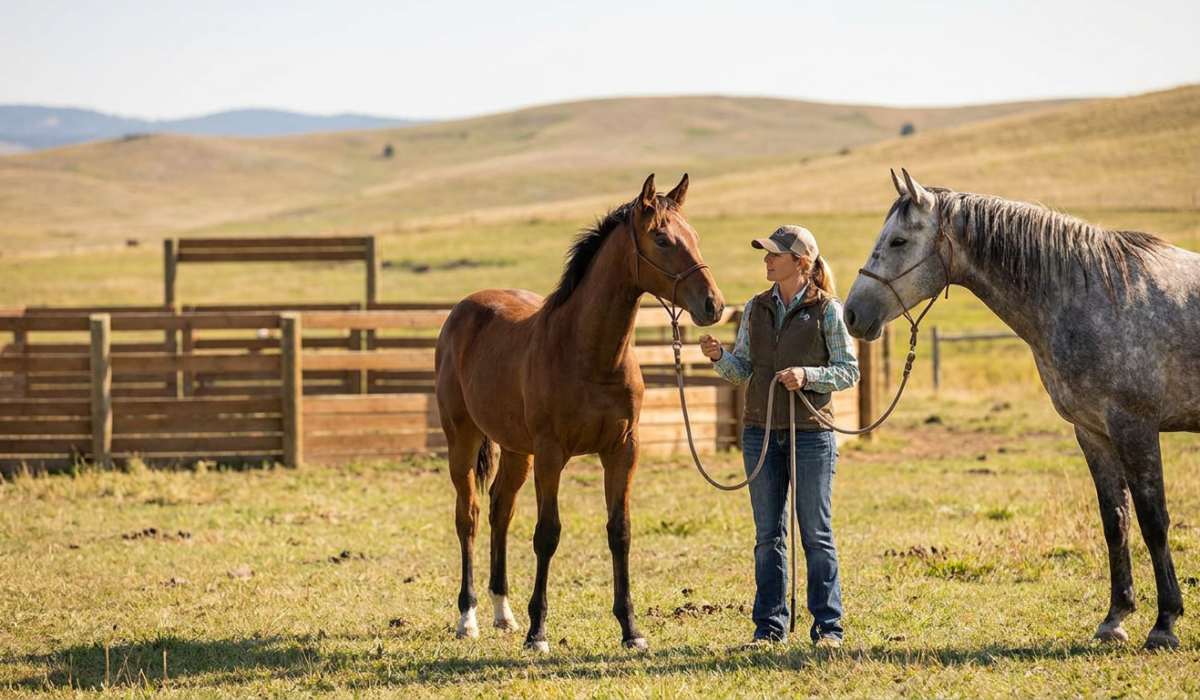 woman doing horse respect training with a bay and a grey horse in a sunny pasture.