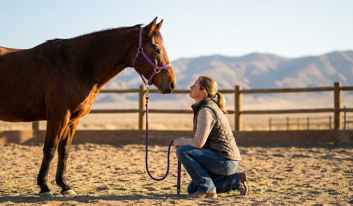 woman kneeling, looking at a brown horse with a purple halter, demonstrating horse training mental engagement and connection.