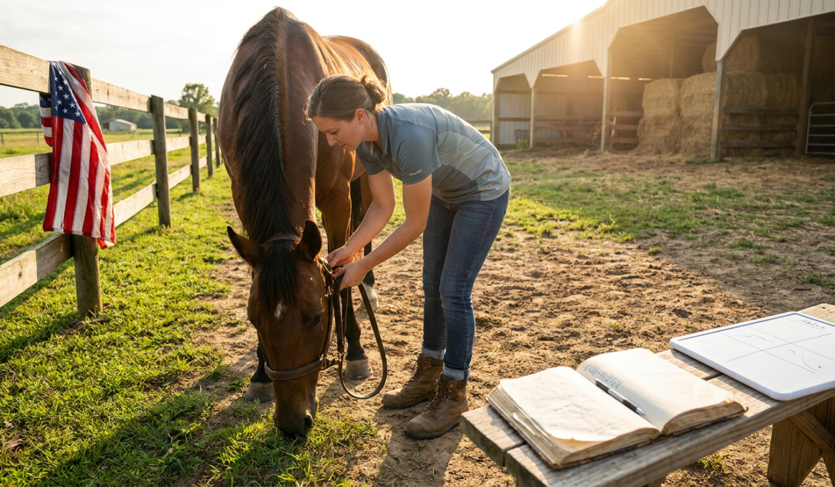 woman bridling a horse near a fence with american flag, showcasing memorial day horse care.