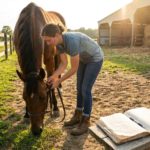 woman bridling a horse near a fence with american flag, showcasing memorial day horse care.