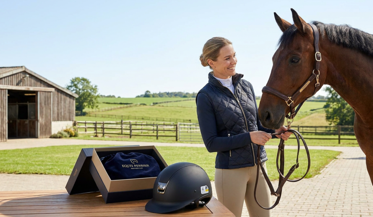 woman with horse, helmet, and gift box, perfect equestrian mother's day gifts