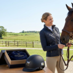 woman with horse, helmet, and gift box, perfect equestrian mother's day gifts