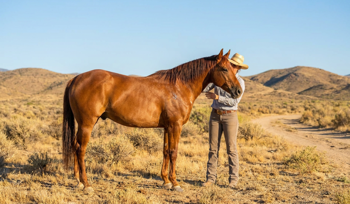 person comforting a horse in a arid landscape, showing their calm horse body language summer.