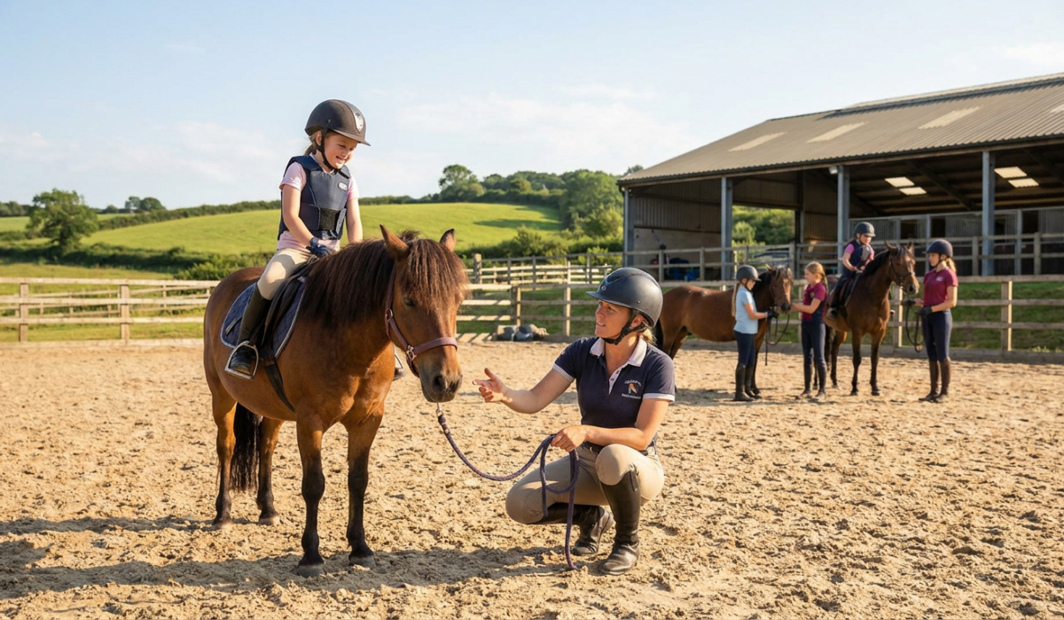 happy young rider on a pony with an instructor, demonstrating summer horse training programs in an arena.