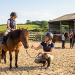 happy young rider on a pony with an instructor, demonstrating summer horse training programs in an arena.