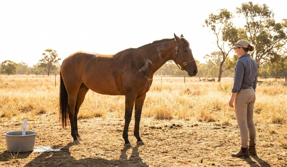 brown horse with a person nearby and water bucket in dry field, showing hot weather horse anxiety.