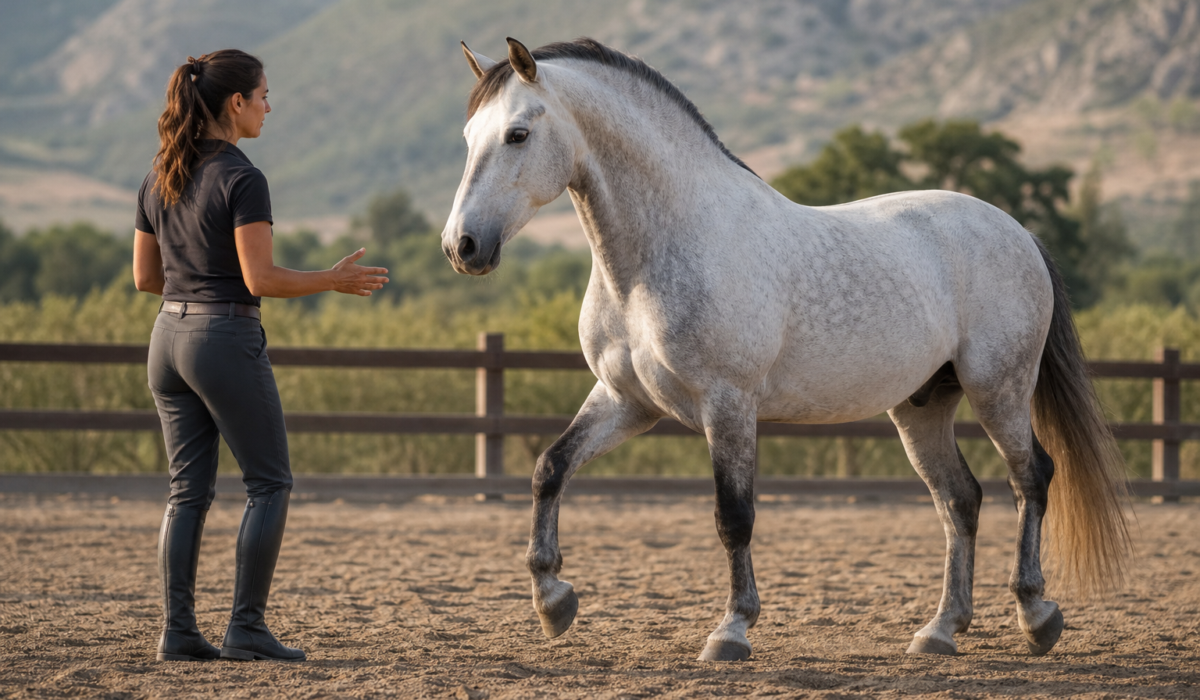 woman signaling a dappled gray horse raising its leg, demonstrating advanced liberty work techniques in an arena.