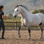 woman signaling a dappled gray horse raising its leg, demonstrating advanced liberty work techniques in an arena.