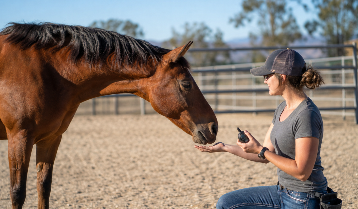 woman holding a clicker training a bay horse in an arena, demonstrating clicker training for horses.