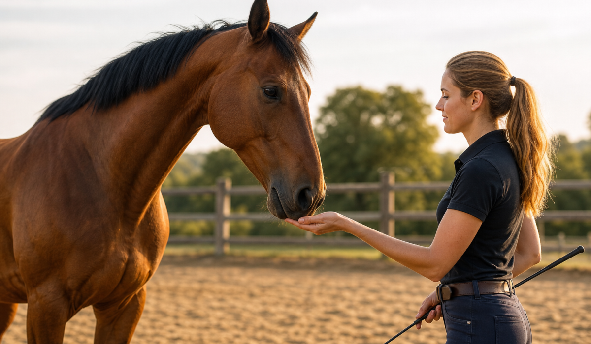 female trainer offering a treat to a brown horse, demonstrating positive reinforcement horse training