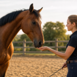 female trainer offering a treat to a brown horse, demonstrating positive reinforcement horse training