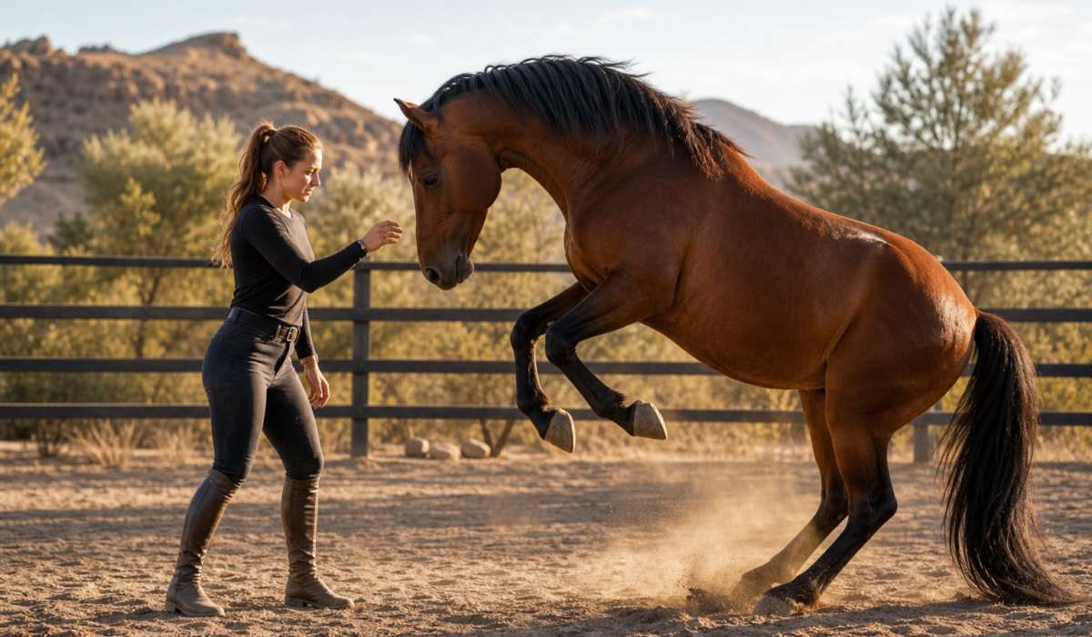 woman in black training complex horse behaviors; brown horse rearing on hind legs, kicking up dust.