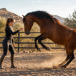 woman in black training complex horse behaviors; brown horse rearing on hind legs, kicking up dust.