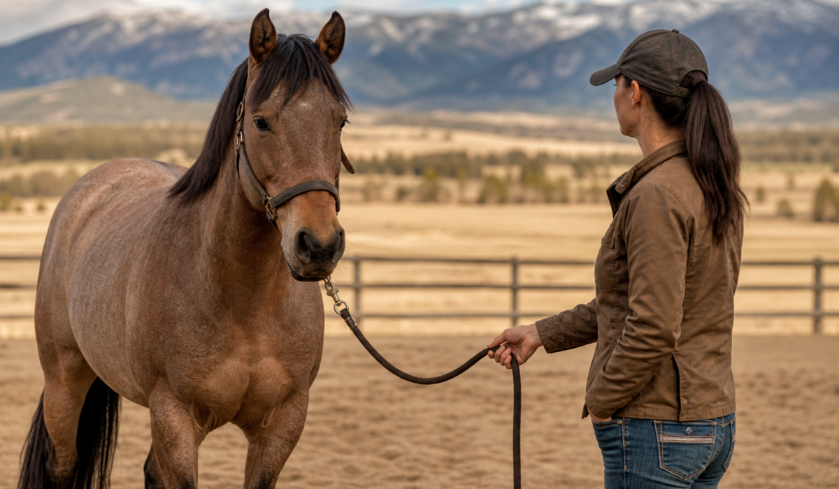 brown horse and handler in arena, addressing horse training plateaus and resistance.