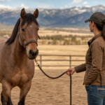 brown horse and handler in arena, addressing horse training plateaus and resistance.